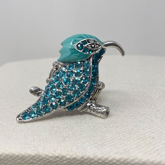 Hummingbird Stretch Ring Rhinestone Blue Silver Tone Cocktail Statement - Picture 1 of 8